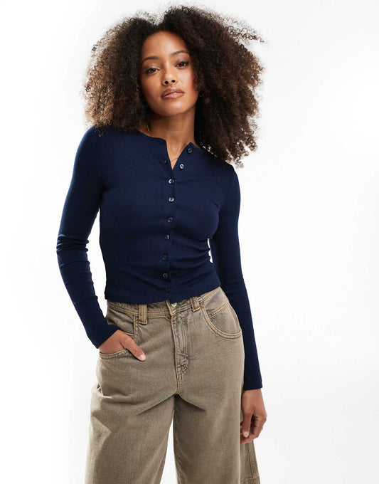 Button Through Rib Crew Neck Cardigan