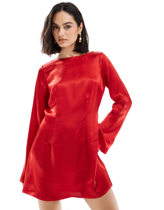 Satin Fit And Flare Long Sleeve Dress