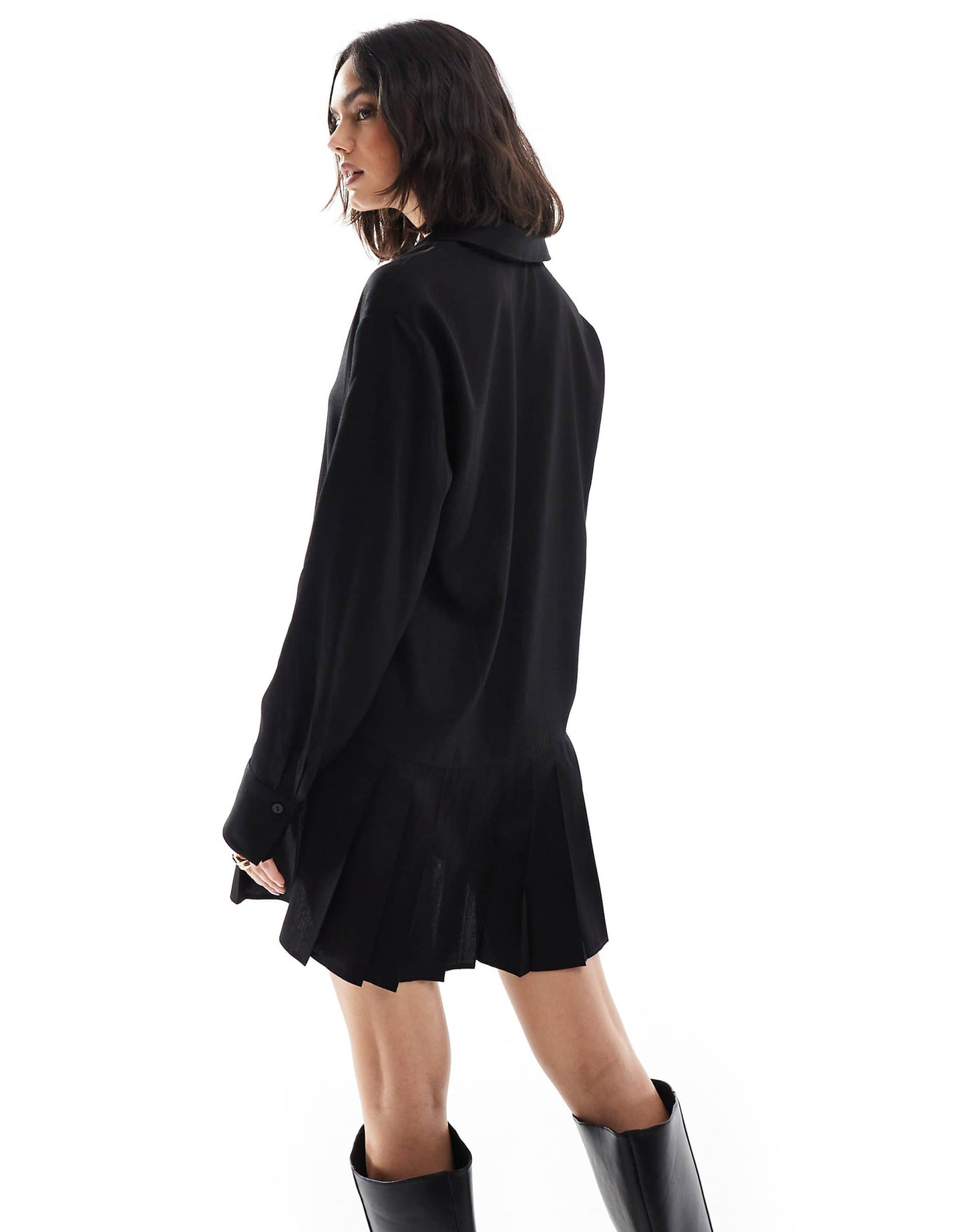 Long Sleeve Drop Waist Pleated Shirt Dress