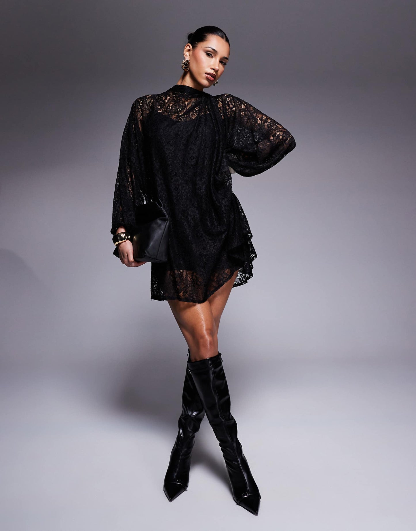 Twist Neck Tie Blouson Sleeve Mini Lace Dress