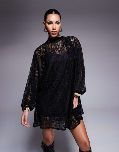 Twist Neck Tie Blouson Sleeve Mini Lace Dress