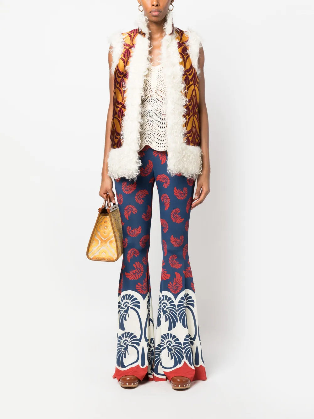 Patterned-Brocade Shearling-Trim Vest