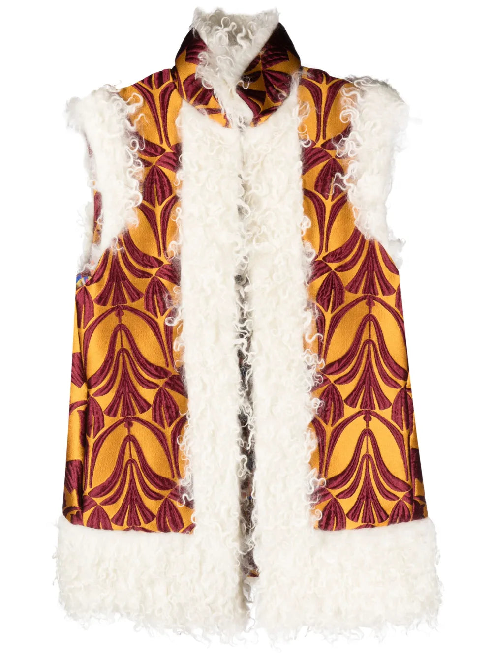 Patterned-Brocade Shearling-Trim Vest