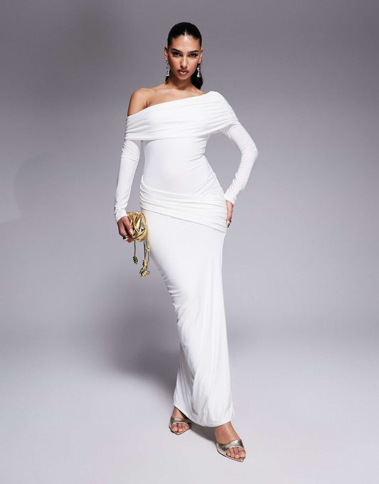 Asymmetric Fold Over Shoulder Drape Detail Bodycon Maxi Dress