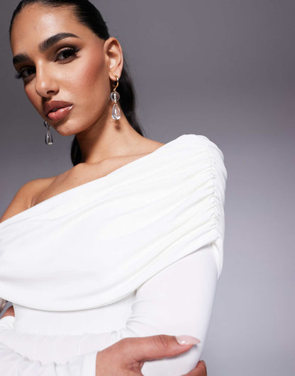 Asymmetric Fold Over Shoulder Drape Detail Bodycon Maxi Dress