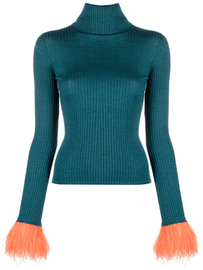 Feather-Trim Rib-Knit Jumper