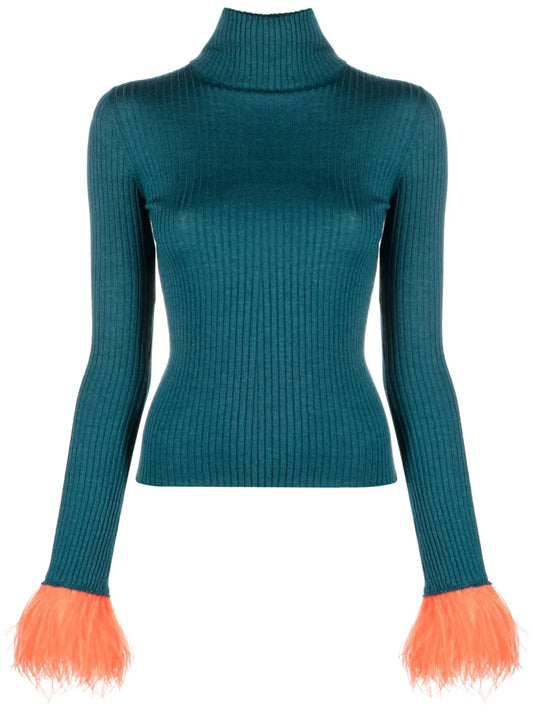 Feather-Trim Rib-Knit Jumper