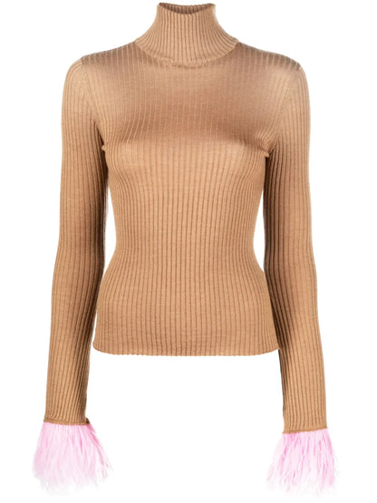 Feather-Cuff Ribbed-Knit Jumper