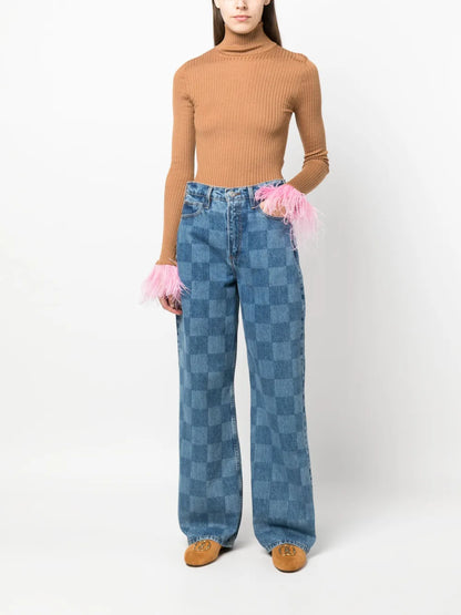 Feather-Cuff Ribbed-Knit Jumper