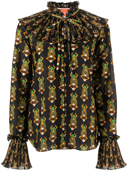Nefertiti Scarab-Print Habotai Blouse