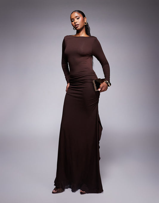 Long Sleeve Frill Detail A Line Maxi Dress