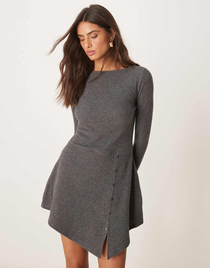 Asymmetric Button Through Slash Neck Super Soft Mini Dress