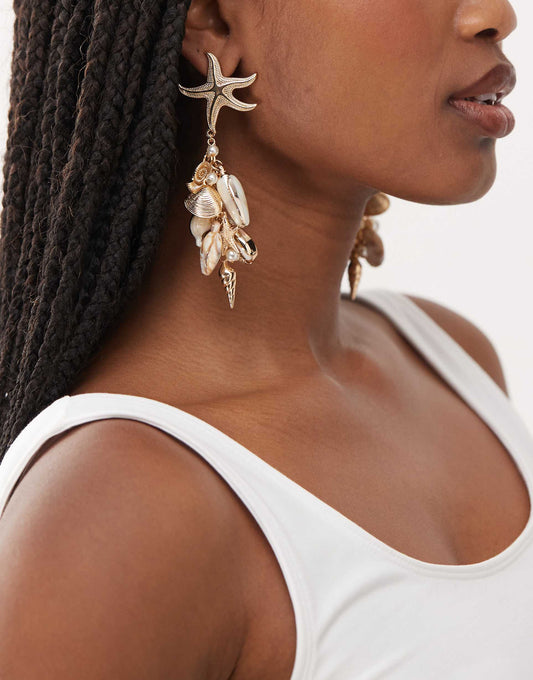 Dangly Earrings With Faux Pearls And Shell