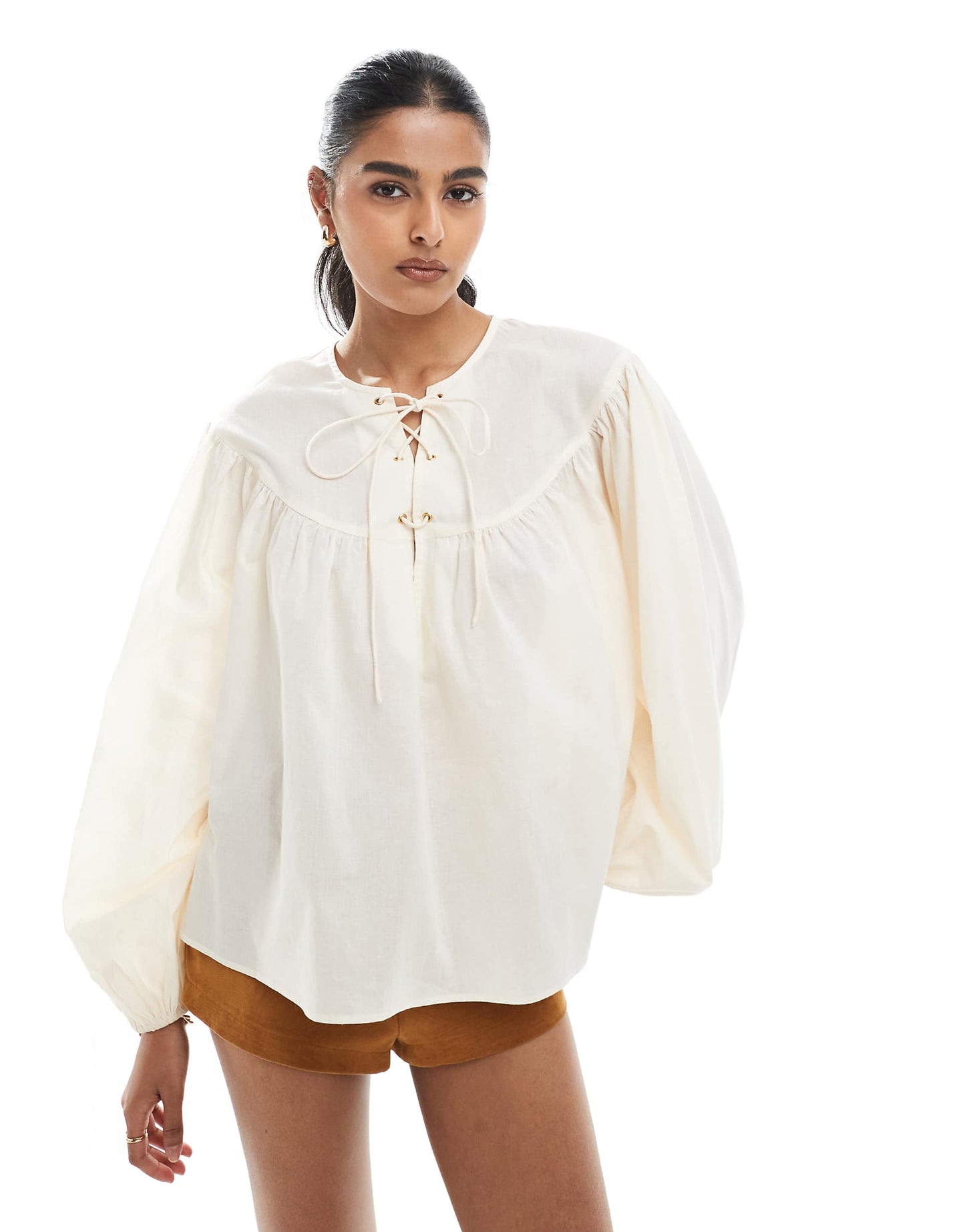Smock Top With Lace Up Neck Detail