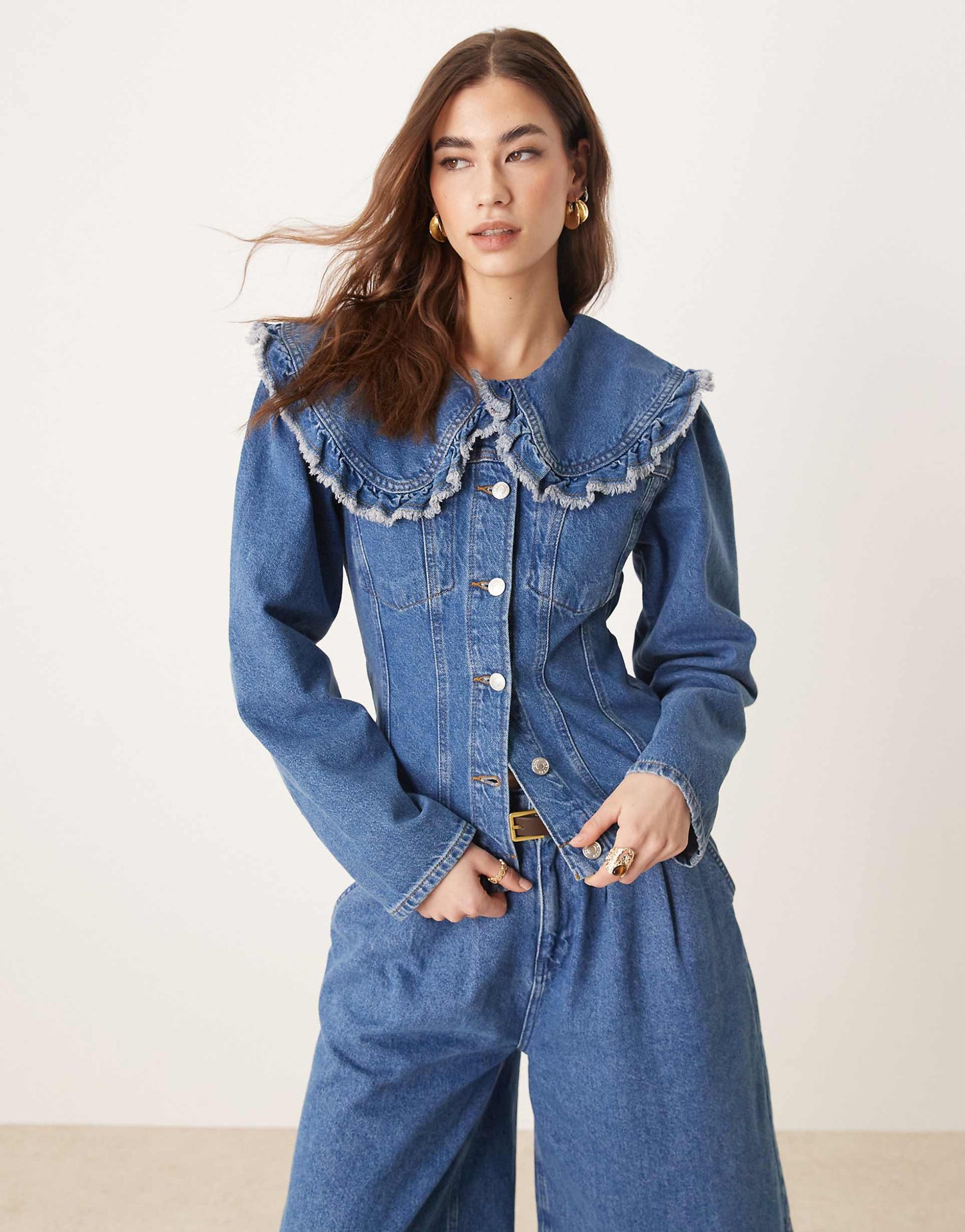 Denim Jacket With Frill Collar And Seam Detail  Co-Ord