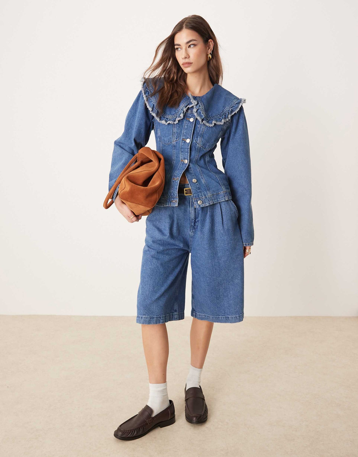 Denim Jacket With Frill Collar And Seam Detail  Co-Ord