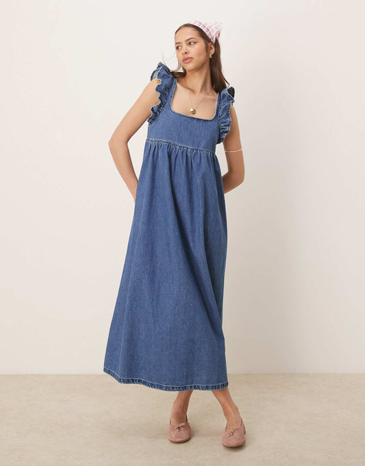 Denim Smock Maxi Dress With Bow Back