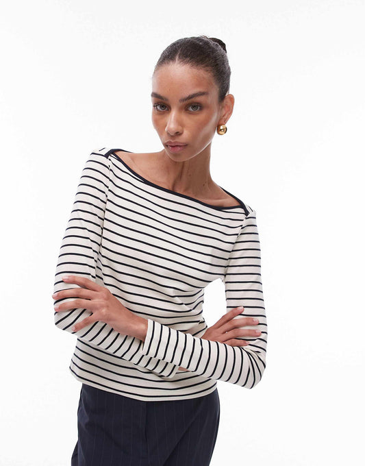 Striped Boat Neck Long Sleeve T-Shirt