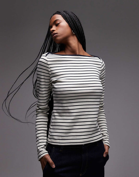 Striped Boat Neck Long Sleeve T-Shirt