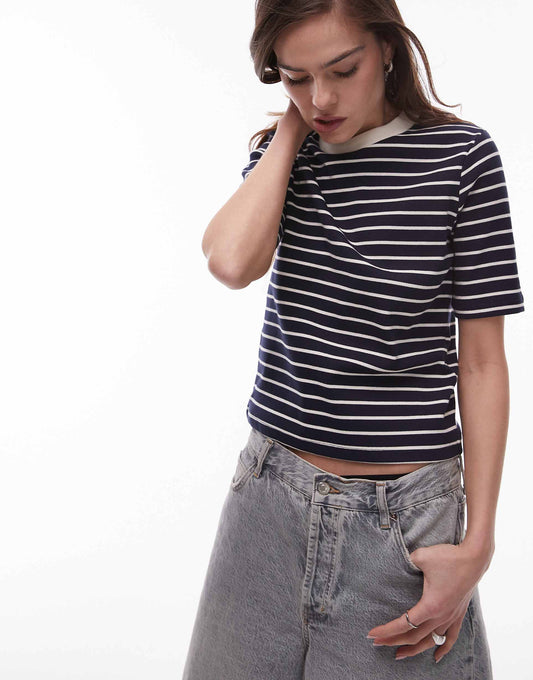 Contrast Neck Striped T-Shirt