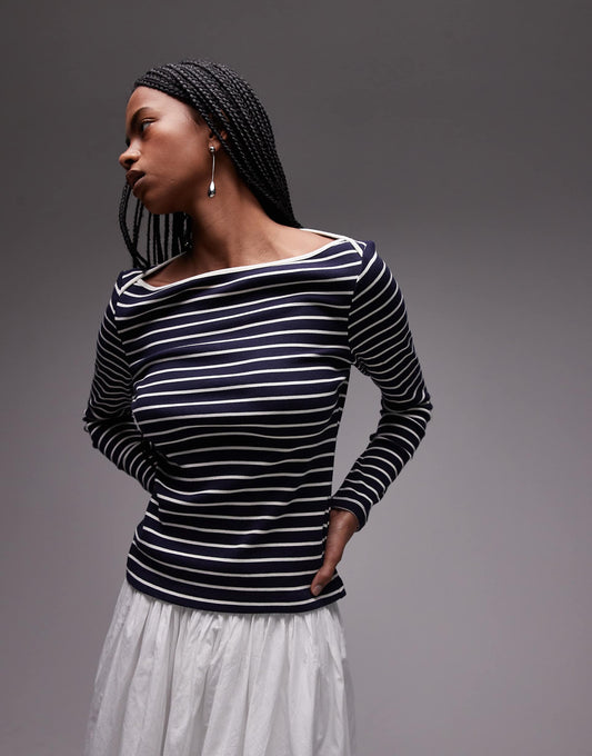 Striped Boat Neck Long Sleeve T-Shirt