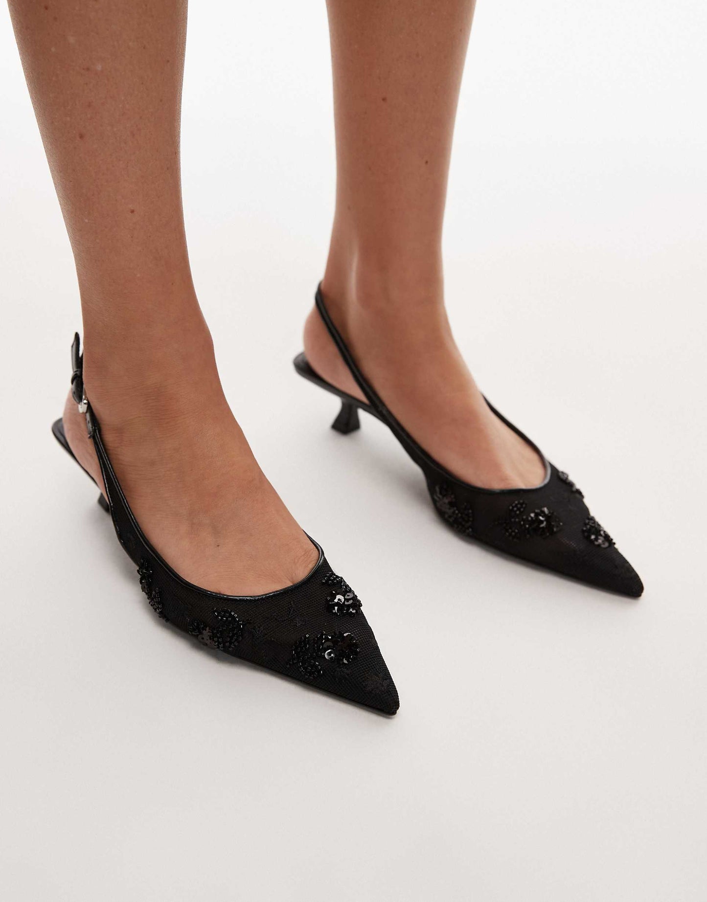 Beaded Pointed Sling Back Kitten Heel
