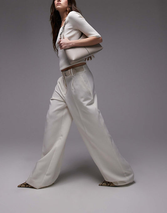 Buckle Waistband Straight Leg Trousers