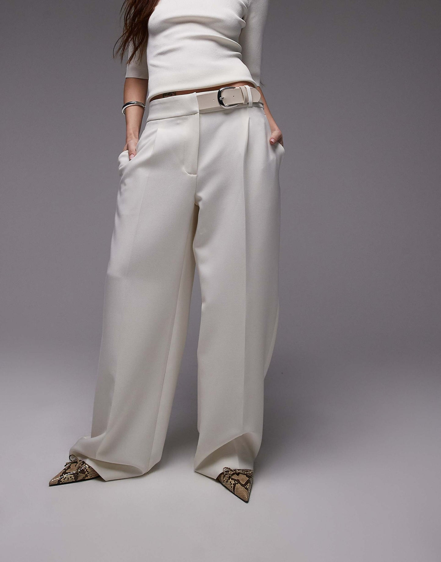 Buckle Waistband Straight Leg Trousers