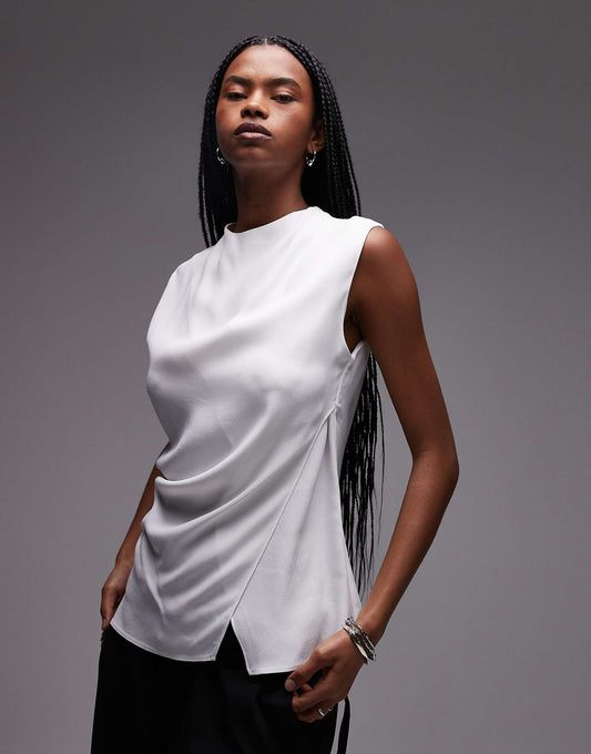 Wrap Front Satin Sleeveless Top