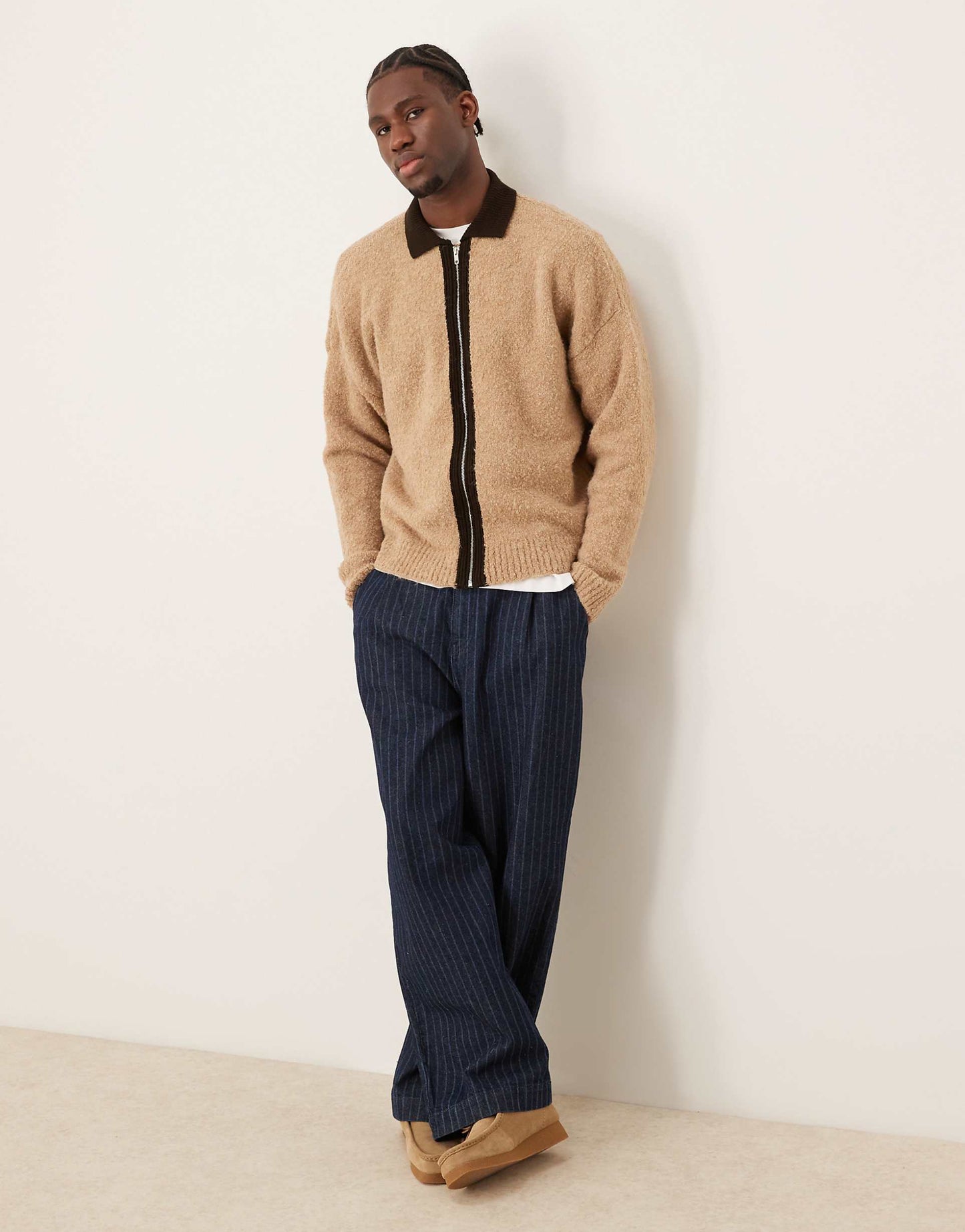 Oversized Knitted Textured Contrast Zip Through