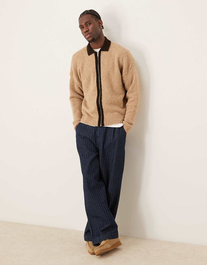 Oversized Knitted Textured Contrast Zip Through