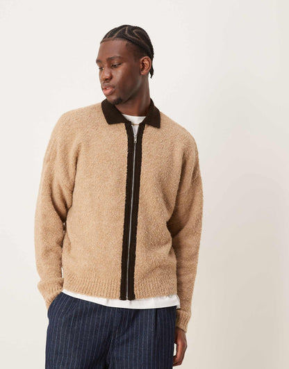 Oversized Knitted Textured Contrast Zip Through