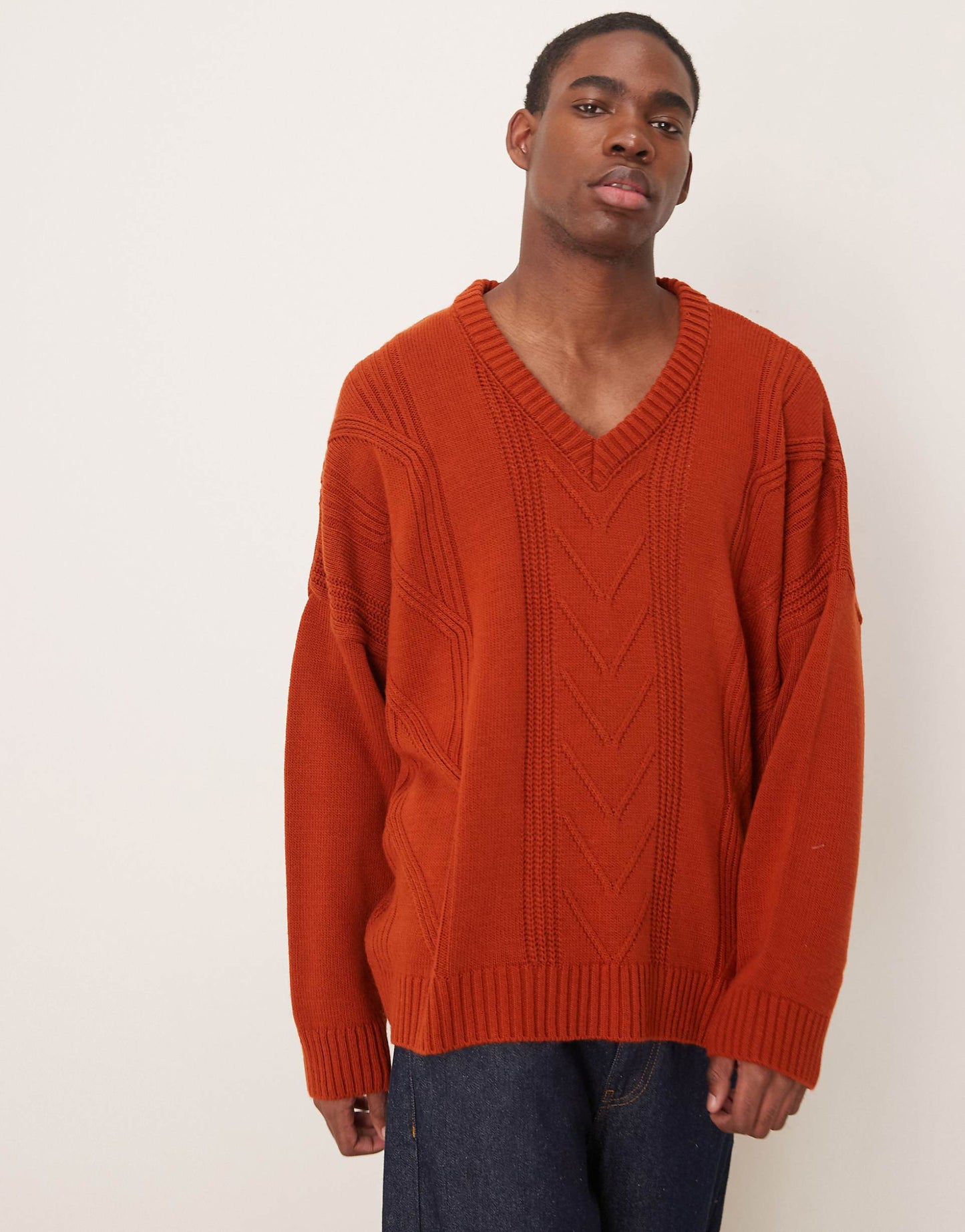 Super Oversized Stitch Detail V-Neck Knitted Boxy Jumper