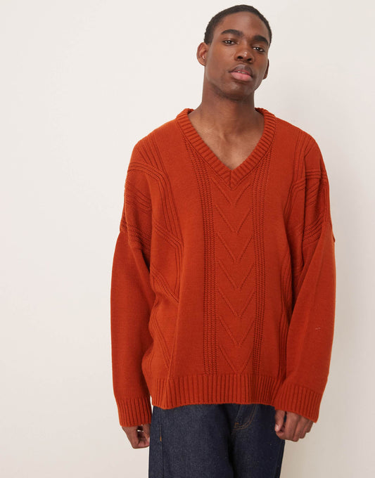 Super Oversized Stitch Detail V-Neck Knitted Boxy Jumper