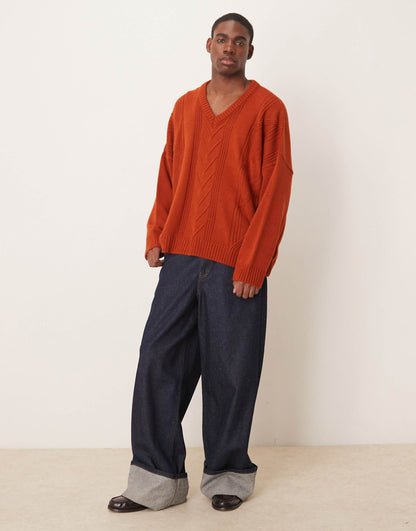 Super Oversized Stitch Detail V-Neck Knitted Boxy Jumper