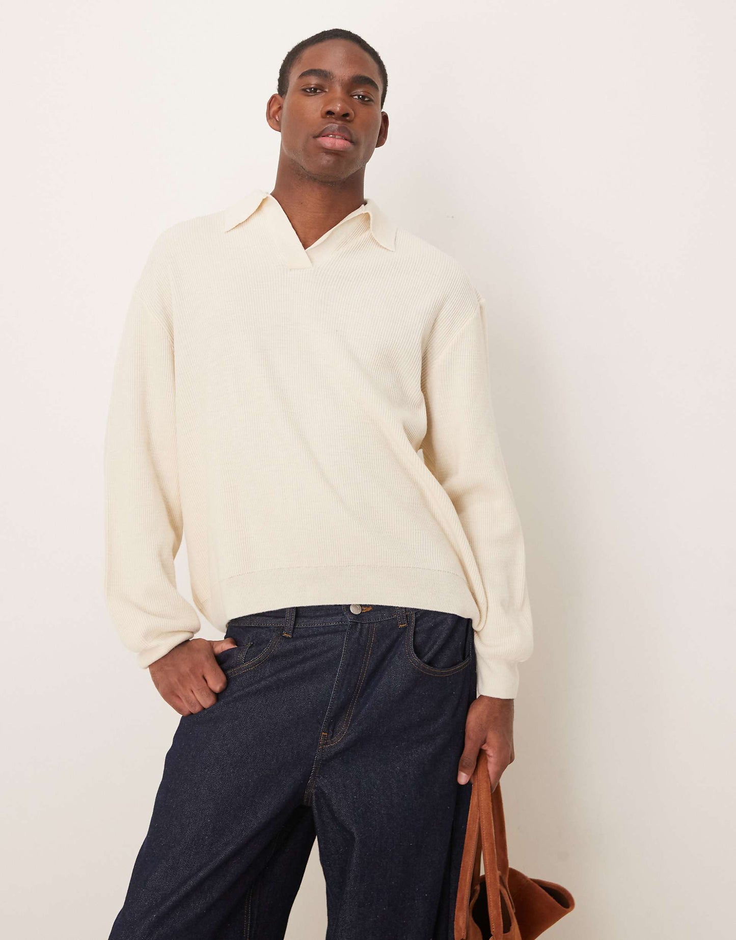Oversized Ribbed Notch Neck Knitted Boxy Fit