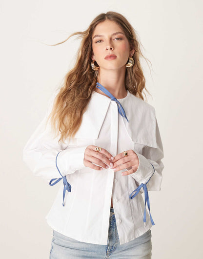 Poplin Fitted Sailor Collar Shirt With Bow Details