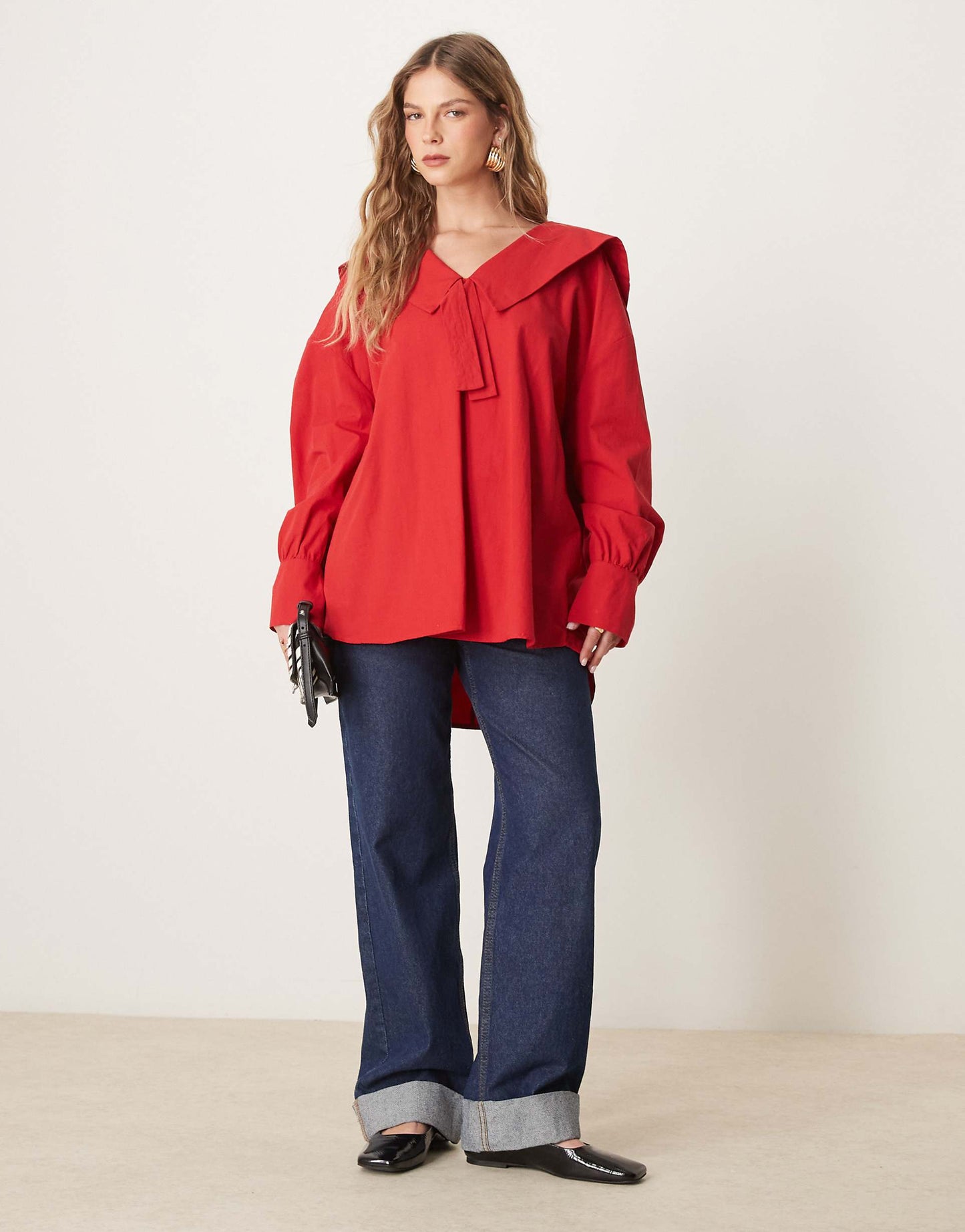 Poplin Oversized Tie Front Collar Blouse