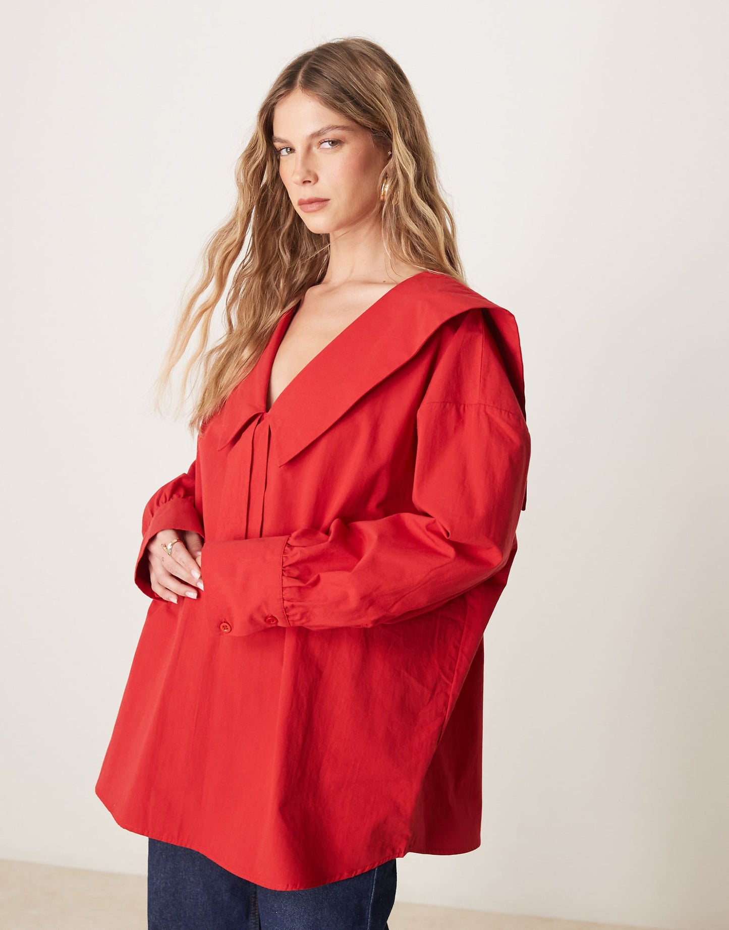 Poplin Oversized Tie Front Collar Blouse