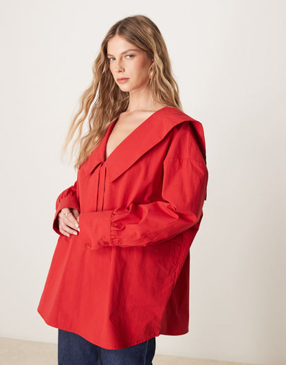 Poplin Oversized Tie Front Collar Blouse