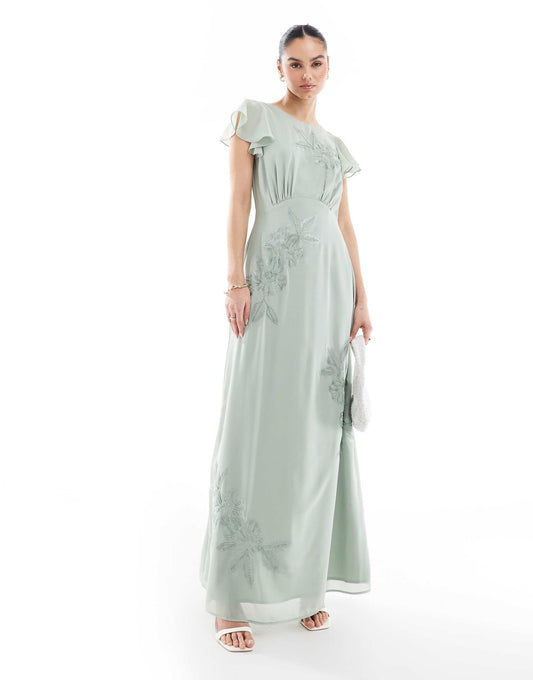 Floral Embroidered Cowl Back Maxi Bridesmaid Dress