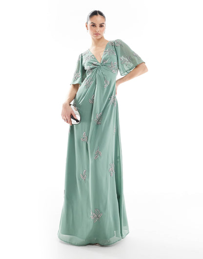 Embellished Short Angel Sleeve Maxi Dress