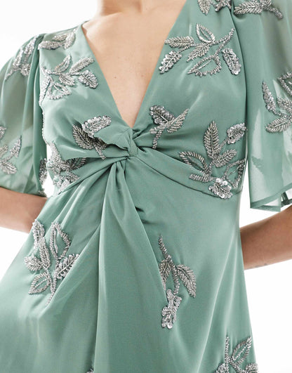 Embellished Short Angel Sleeve Maxi Dress