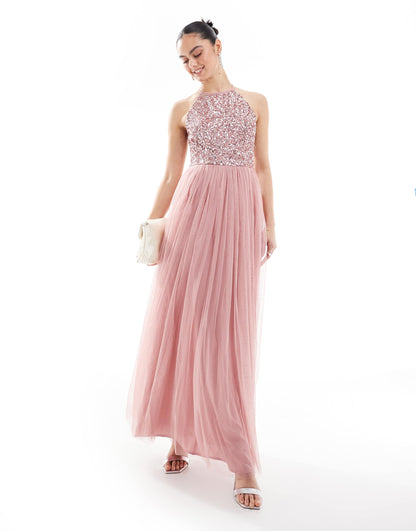 Embellished Halter Neck Maxi Bridesmaid Dress