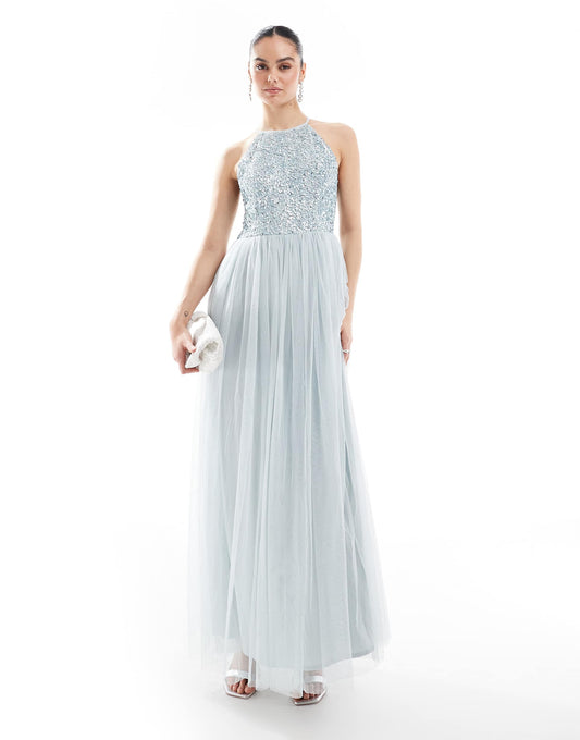 Embellished Halter Neck Maxi Bridesmaid Dress