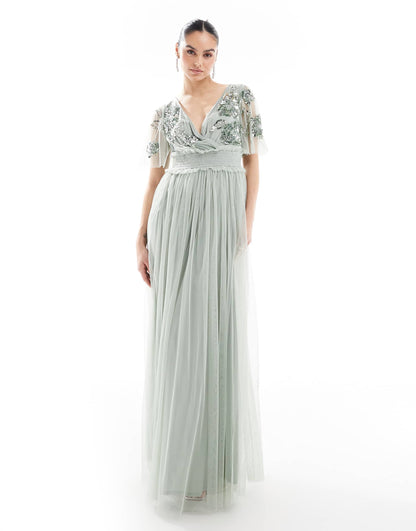 Floral Embellished Shirred Waist Short Sleeve Maxi Bridesmaid Dress