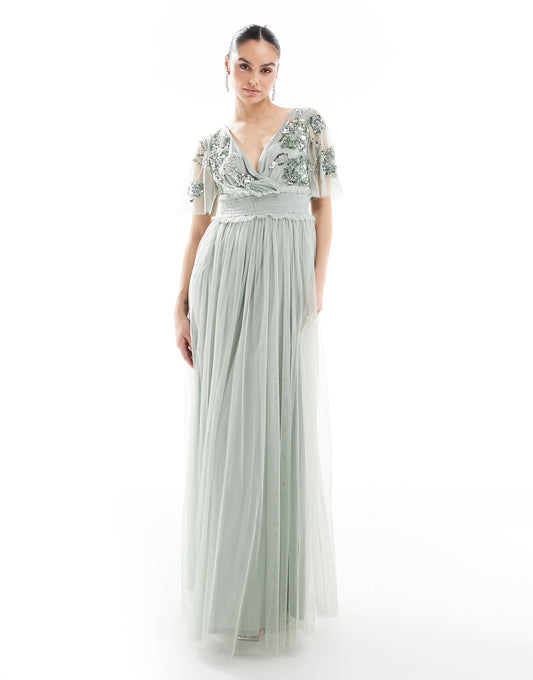 Floral Embellished Shirred Waist Short Sleeve Maxi Bridesmaid Dress