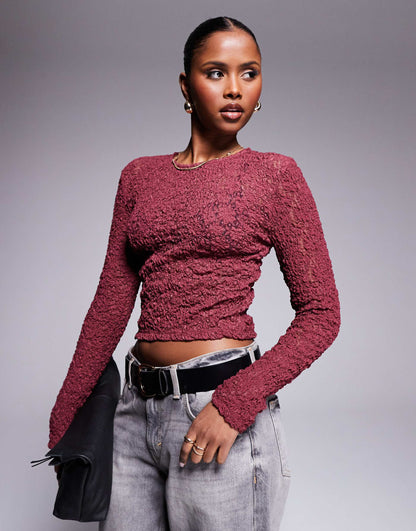 Lace Fitted Long Sleeve Crew Neck Top