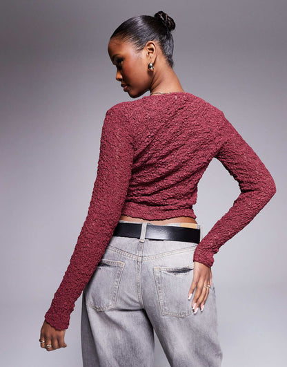 Lace Fitted Long Sleeve Crew Neck Top