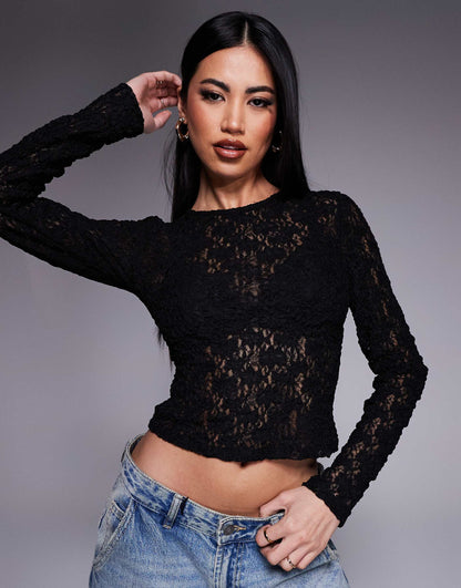 Lace Fitted Long Sleeve Crew Neck Top